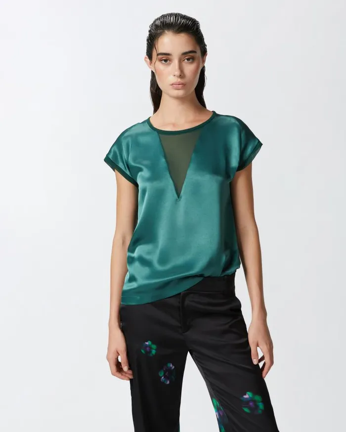 Women Blouses Pinko Satin And Georgette Tshirt Blouse Dark Bottle Green