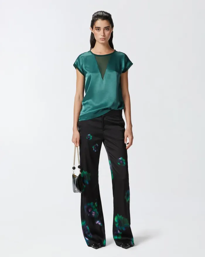 Women Blouses Pinko Satin And Georgette Tshirt Blouse Dark Bottle Green Women Blouses Pinko Satin And Georgette Tshirt Blouse Dark Bottle Green