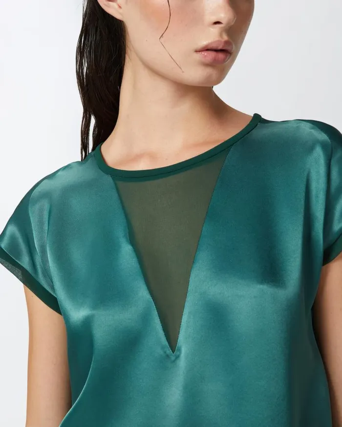 Women Blouses Pinko Satin And Georgette Tshirt Blouse Dark Bottle Green Women Blouses Pinko Satin And Georgette Tshirt Blouse Dark Bottle Green