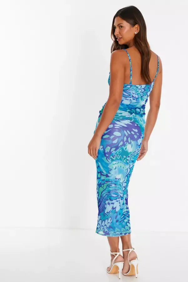 Women Blue Butterfly Print Ruched Mesh Midaxi Dress Quiz Clothing Dresses