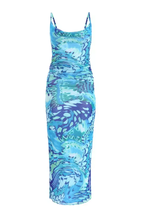 Women Blue Butterfly Print Ruched Mesh Midaxi Dress Quiz Clothing Dresses
