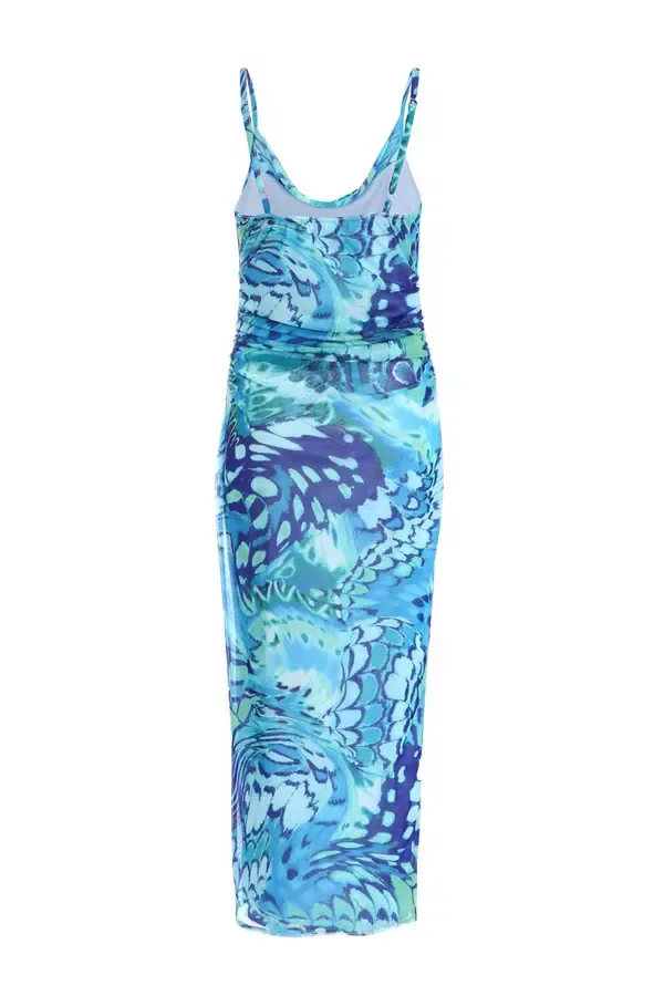 Women Blue Butterfly Print Ruched Mesh Midaxi Dress Quiz Clothing Dresses