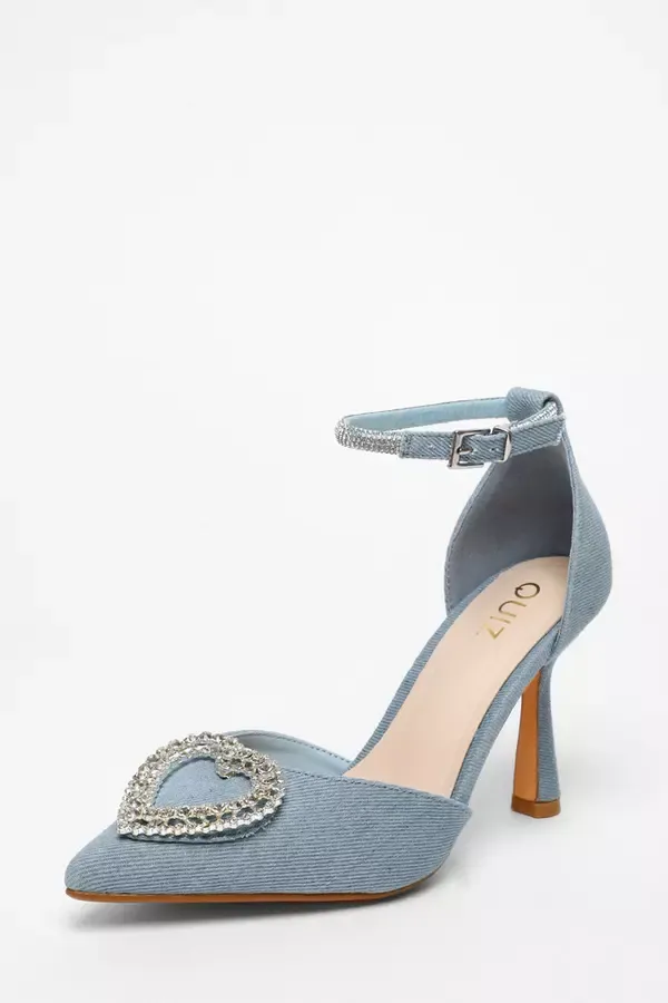 Women Blue Denim Diamante Heart Brooch Court Heels Quiz Clothing Heels