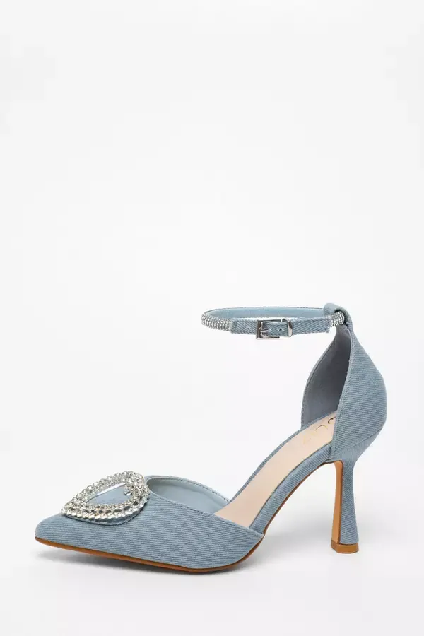 Women Blue Denim Diamante Heart Brooch Court Heels Quiz Clothing Heels