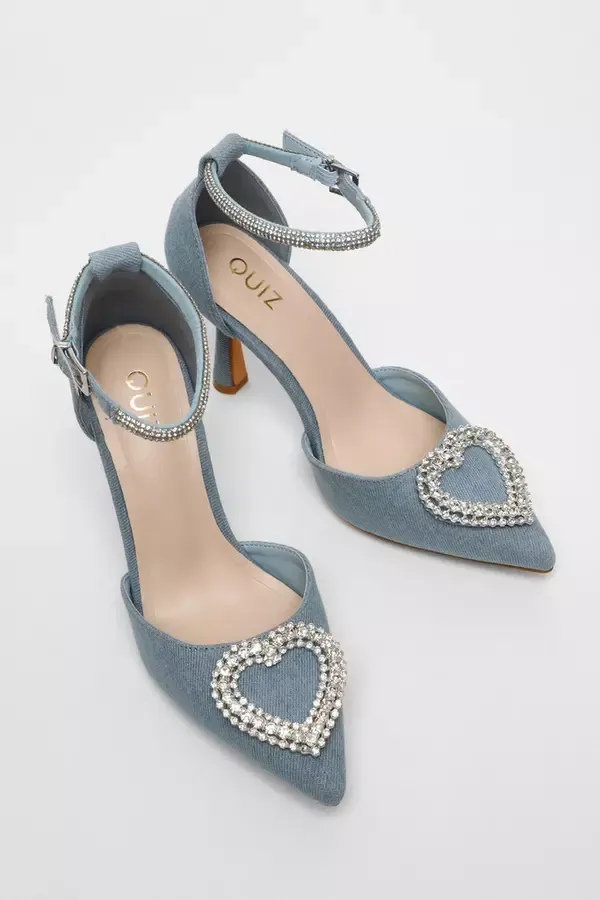 Women Blue Denim Diamante Heart Brooch Court Heels Quiz Clothing Heels