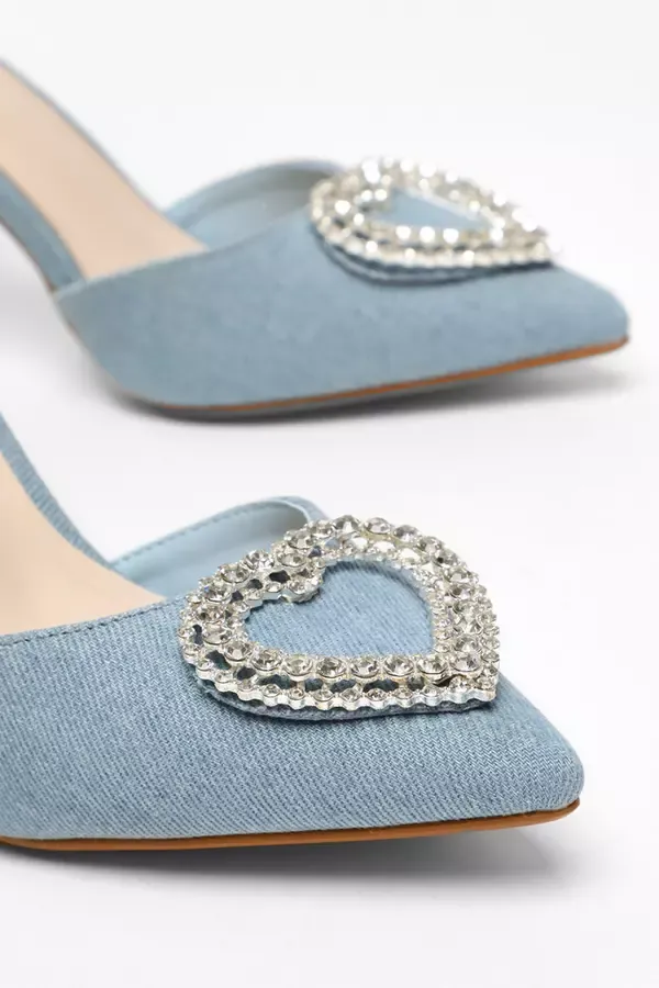 Women Blue Denim Diamante Heart Brooch Court Heels Quiz Clothing Heels