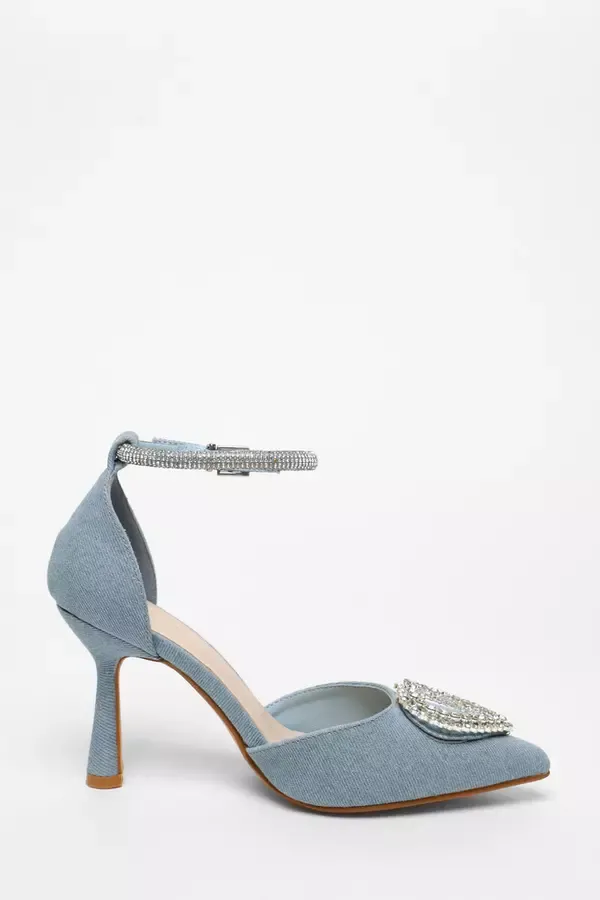 Women Blue Denim Diamante Heart Brooch Court Heels Quiz Clothing Heels