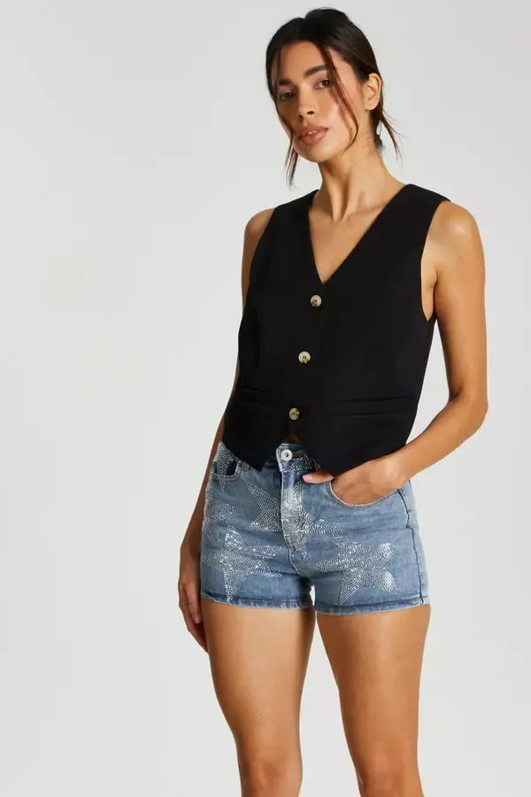 Women Blue Denim Star Embellished Shorts Quiz Clothing Shorts