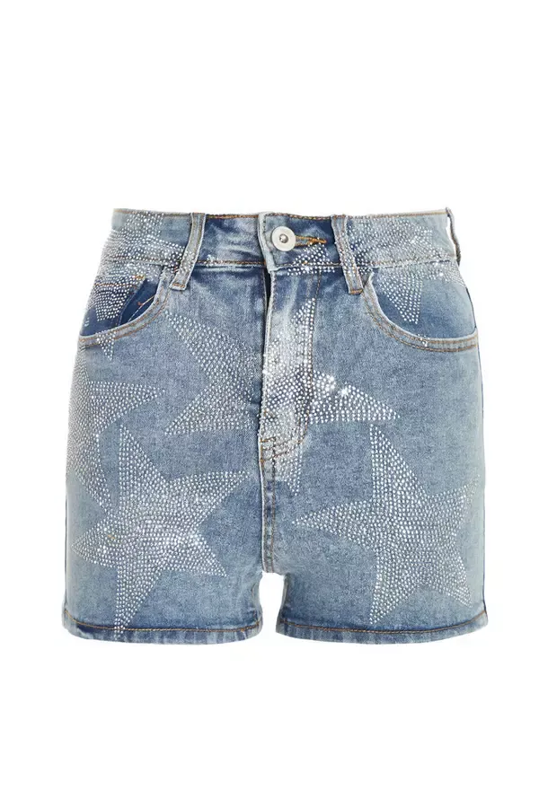 Women Blue Denim Star Embellished Shorts Quiz Clothing Shorts