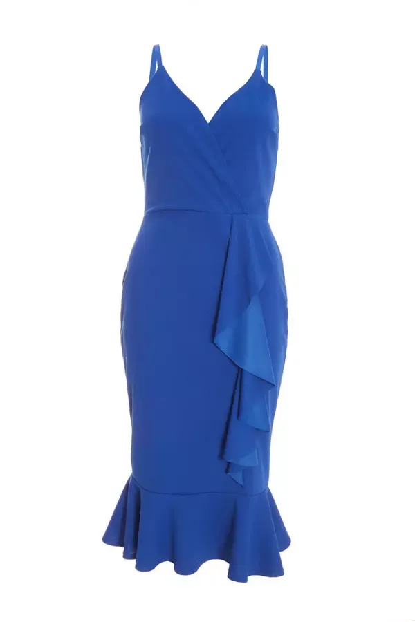Women Blue Frill Wrap Midi Dress Quiz Clothing Dresses