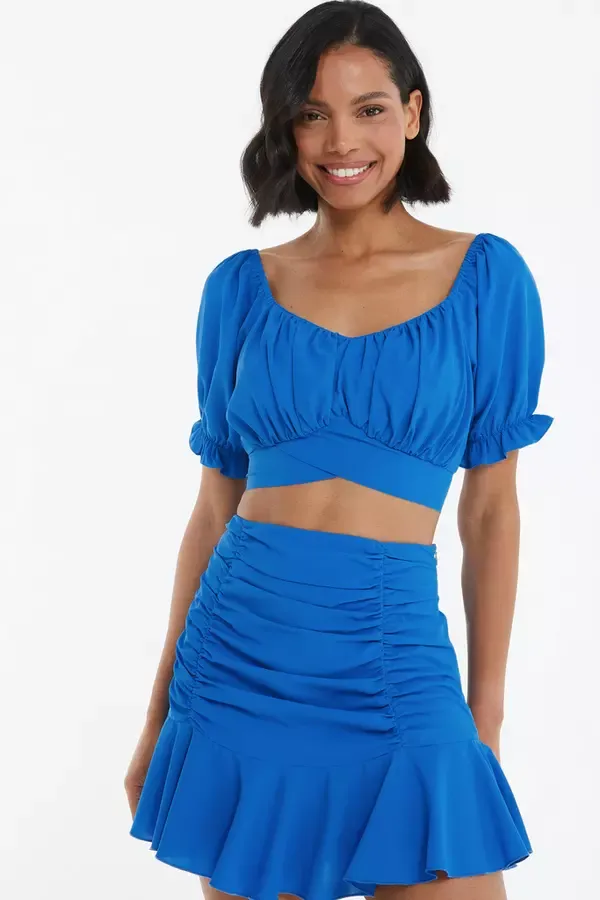Women Blue Ruched Crop Top Quiz Clothing CoOrds