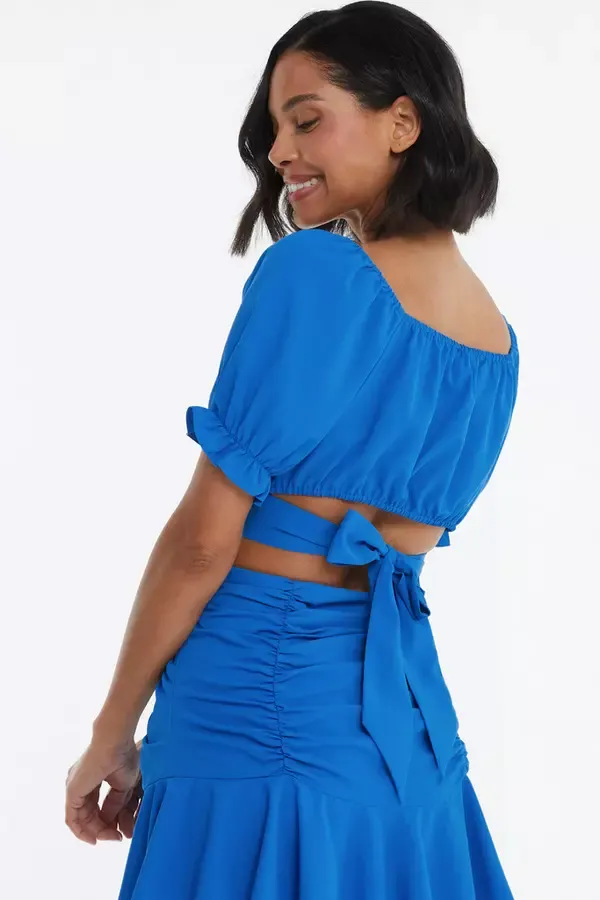 Women Blue Ruched Crop Top Quiz Clothing CoOrds