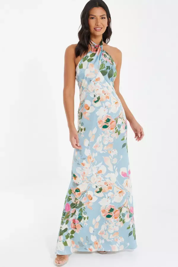 Women Blue Satin Floral High Neck Maxi Dress Quiz Clothing Dresses