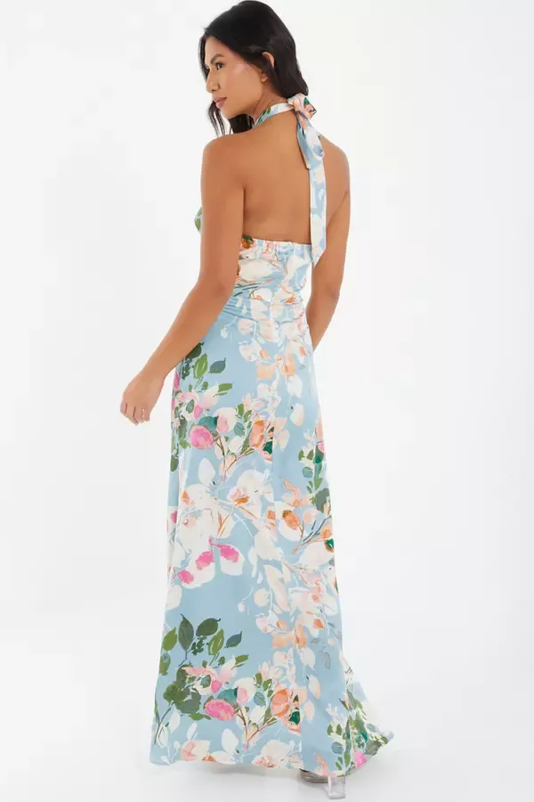 Women Blue Satin Floral High Neck Maxi Dress Quiz Clothing Dresses