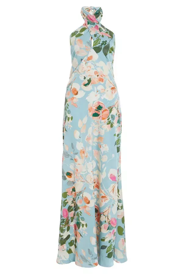 Women Blue Satin Floral High Neck Maxi Dress Quiz Clothing Dresses