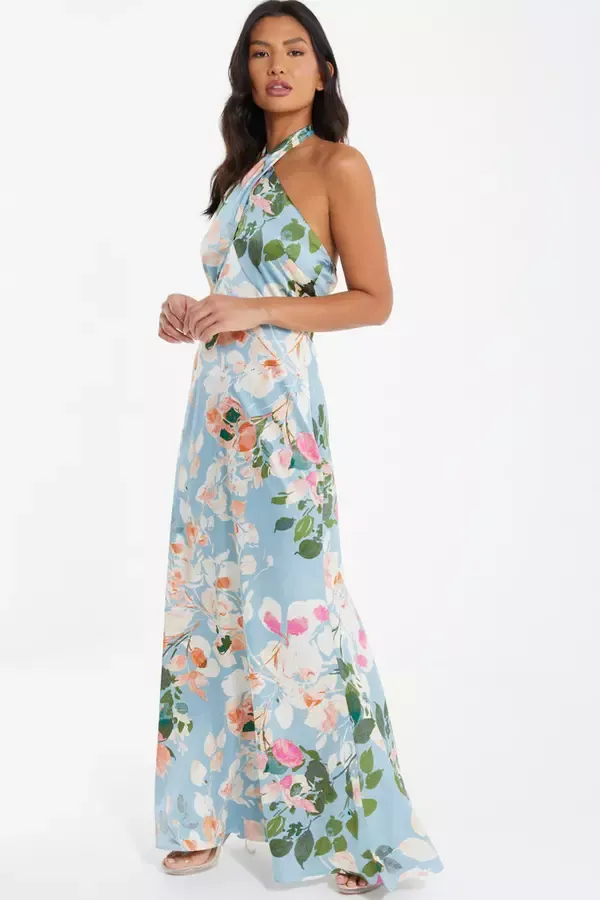 Women Blue Satin Floral High Neck Maxi Dress Quiz Clothing Dresses