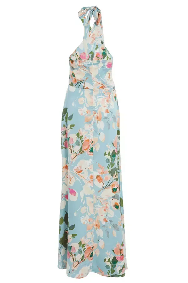 Women Blue Satin Floral High Neck Maxi Dress Quiz Clothing Dresses