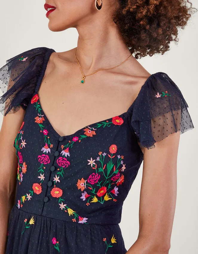 Women Bonnie Floral Embroidered Tea Dress Blue Monsoon Occasionwear