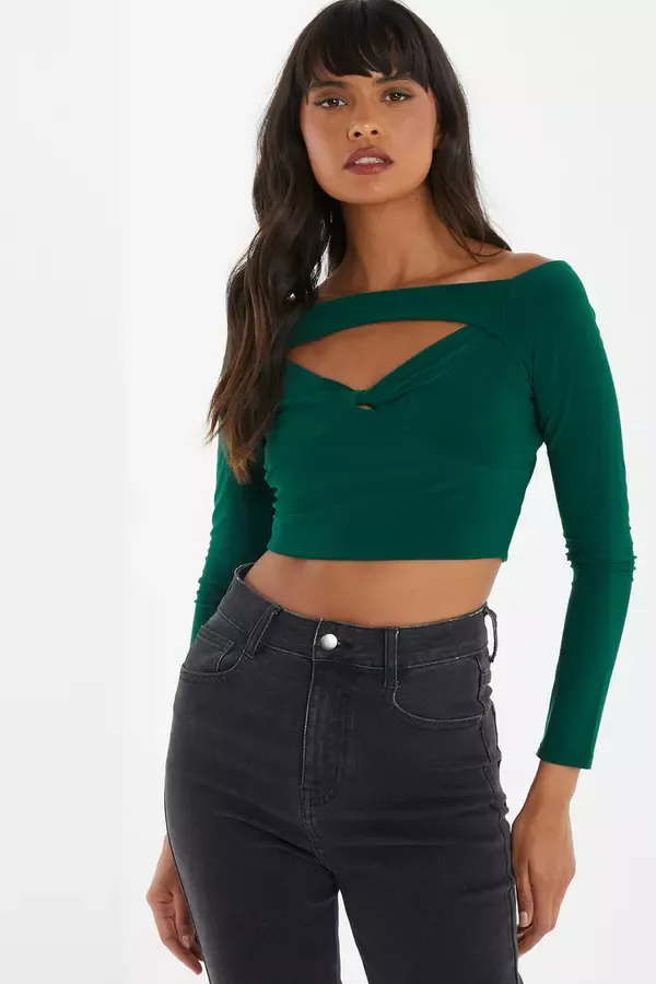 Women Bottle Green Bardot Cut Out Crop Top Quiz Clothing Casual Clothing