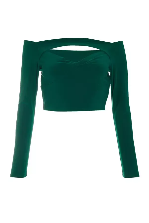 Women Bottle Green Bardot Cut Out Crop Top Quiz Clothing Casual Clothing