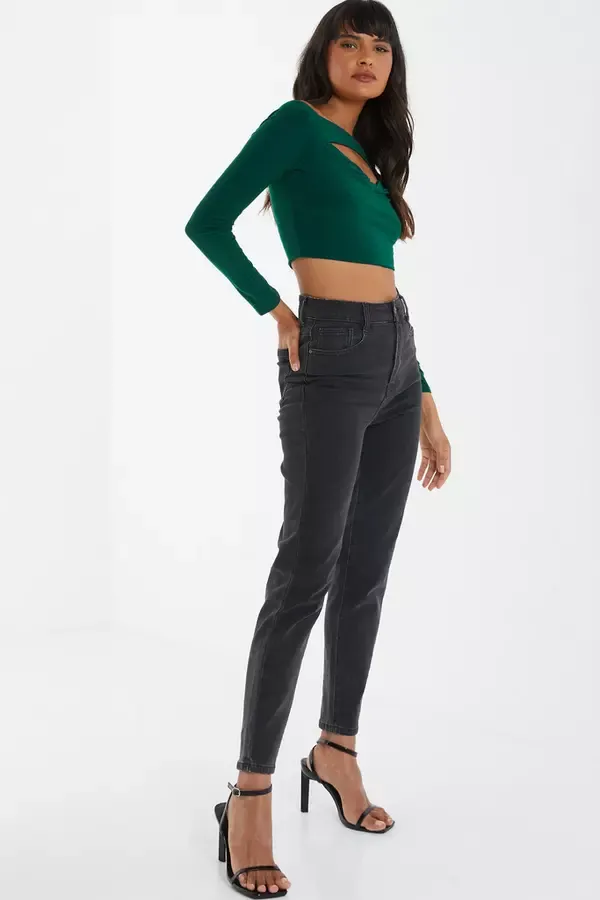 Women Bottle Green Bardot Cut Out Crop Top Quiz Clothing Casual Clothing