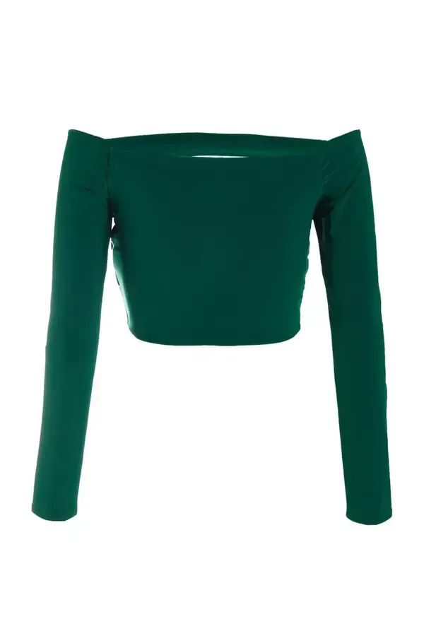 Women Bottle Green Bardot Cut Out Crop Top Quiz Clothing Casual Clothing