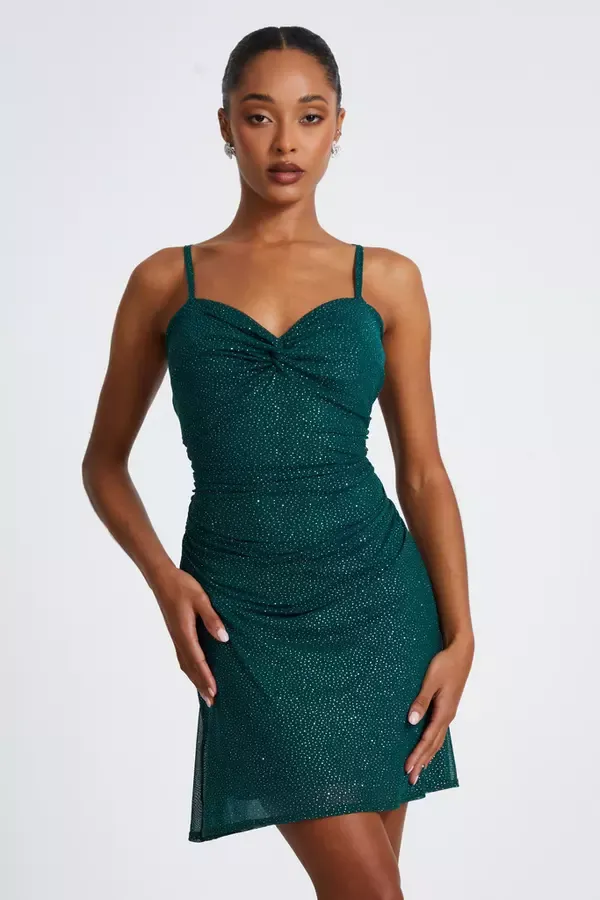 Women Bottle Green Glitter Mesh Mini Dress Quiz Clothing Going Out