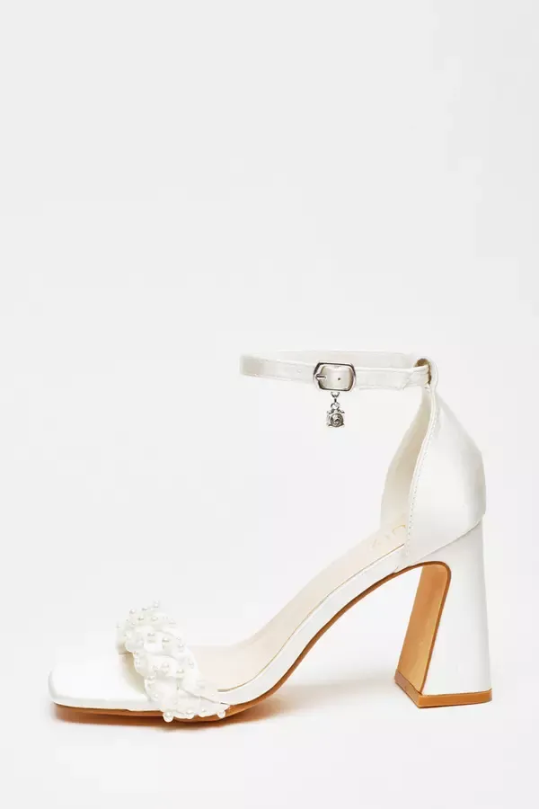 Women Bridal Satin Pearl Strap Heeled Sandals Quiz Clothing Bridal Shoes