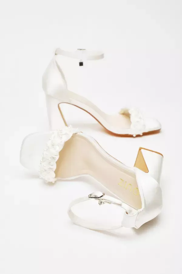 Women Bridal Satin Pearl Strap Heeled Sandals Quiz Clothing Bridal Shoes