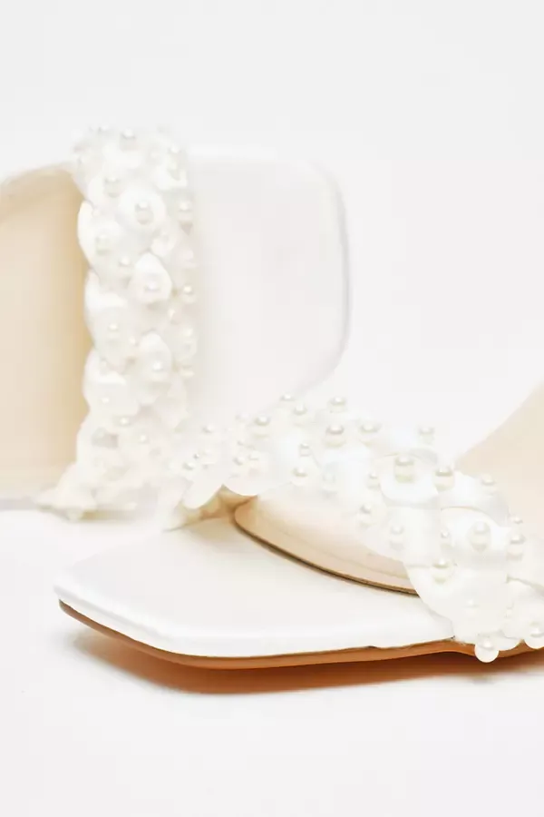 Women Bridal Satin Pearl Strap Heeled Sandals Quiz Clothing Bridal Shoes