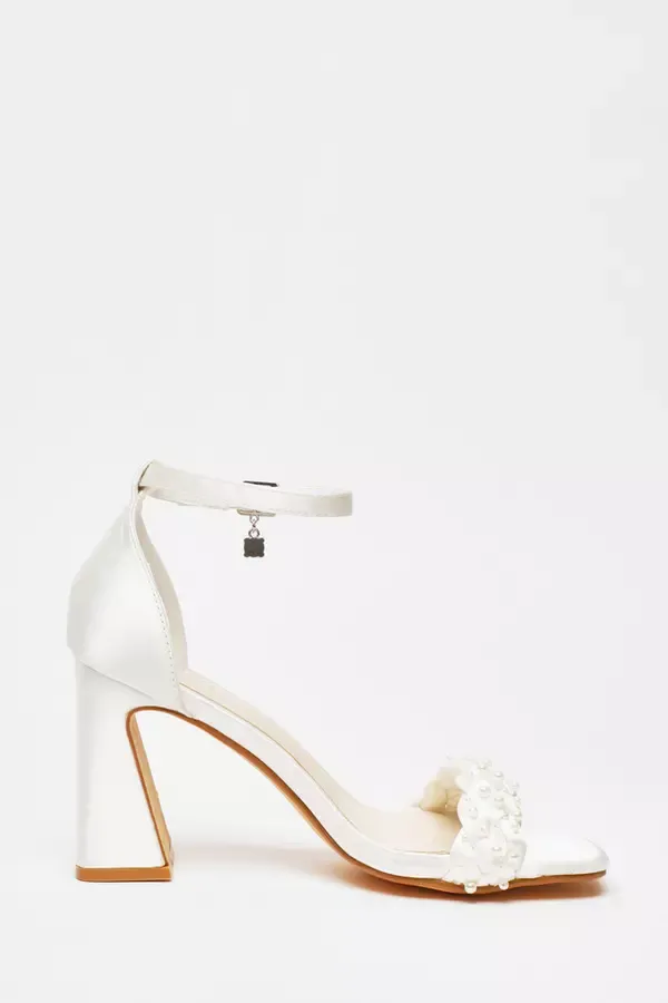 Women Bridal Satin Pearl Strap Heeled Sandals Quiz Clothing Bridal Shoes