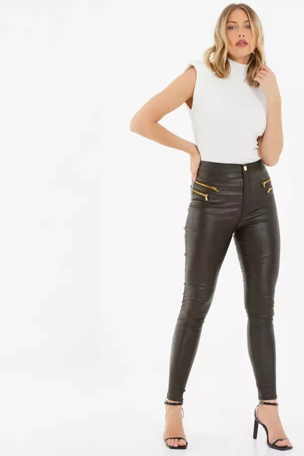 Women Brown Faux Leather Zip Skinny Trousers Quiz Clothing Casual Clothing