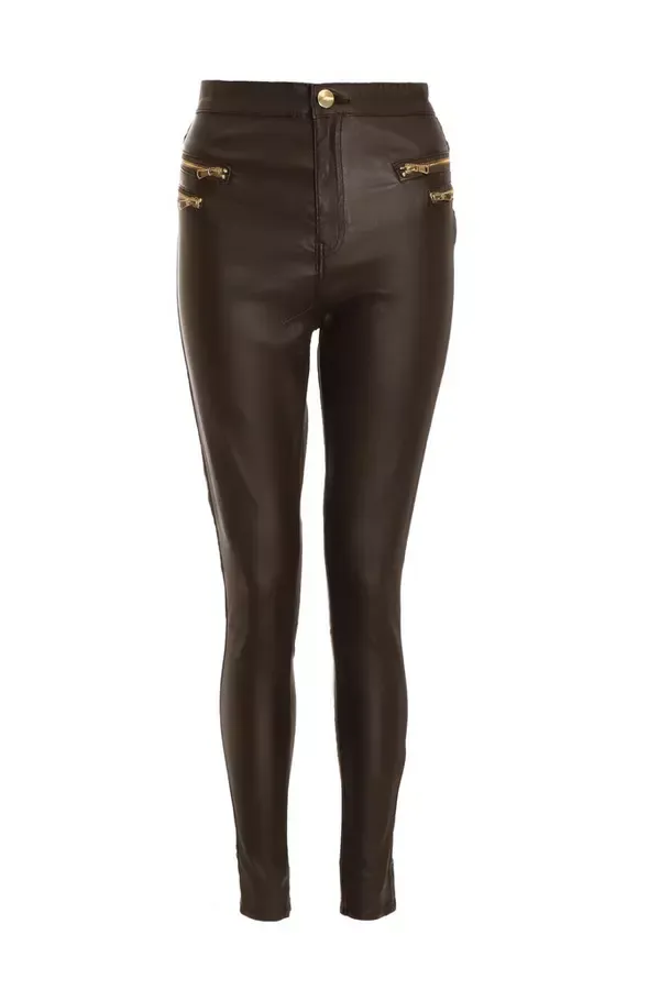 Women Brown Faux Leather Zip Skinny Trousers Quiz Clothing Casual Clothing
