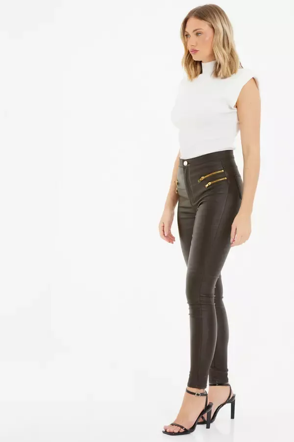 Women Brown Faux Leather Zip Skinny Trousers Quiz Clothing Casual Clothing