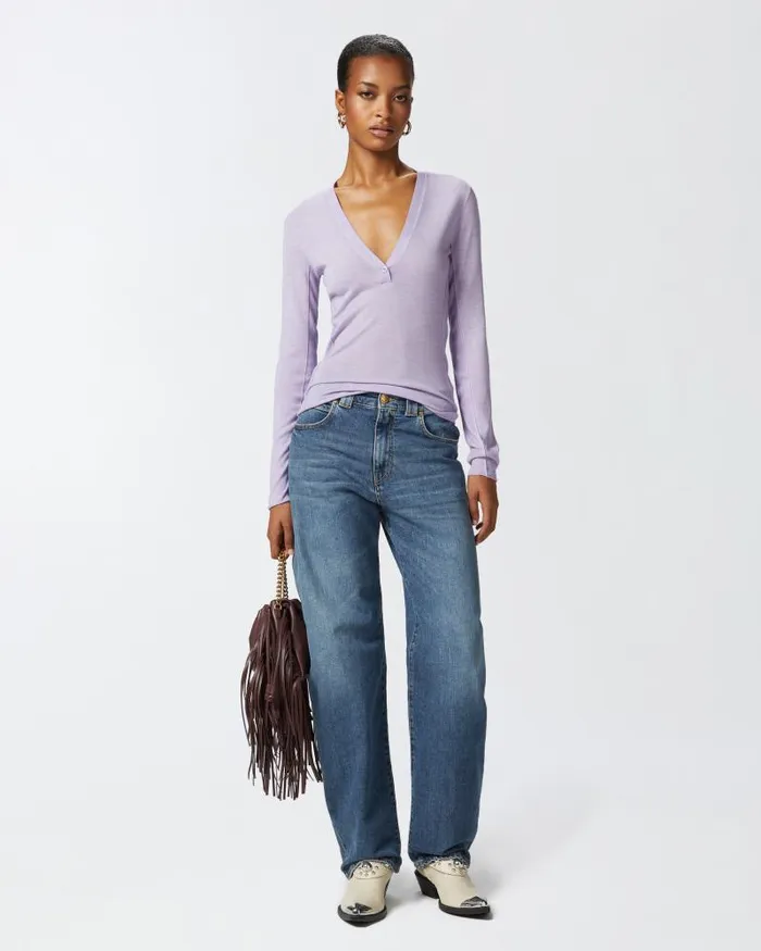 Women Cardigan Pinko Lightweight Wool And Silk Vneck Sweater Dahlia Purple Women Cardigan Pinko Lightweight Wool And Silk Vneck Sweater Dahlia Purple
