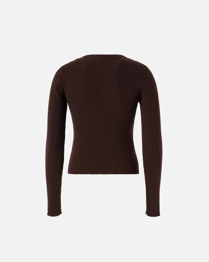 Women Cardigan Pinko Longsleeved Ribbed Wool Sweater Brown Women Cardigan Pinko Longsleeved Ribbed Wool Sweater Brown