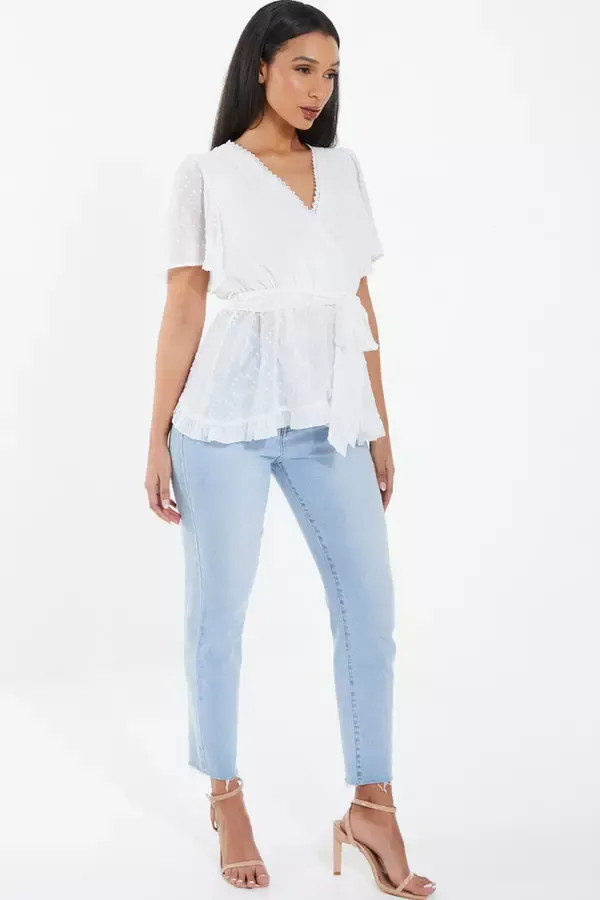 Women Cream Chiffon Lace Peplum Top Quiz Clothing Casual Clothing