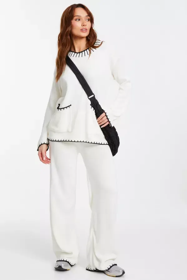 Women Cream Knit Contrast Stich Trousers Quiz Clothing Casual Clothing