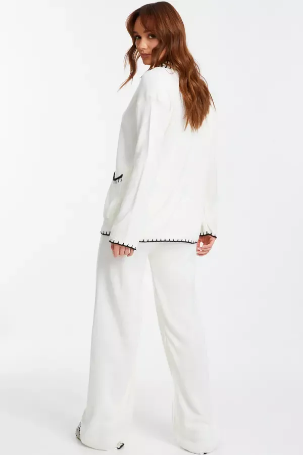 Women Cream Knit Contrast Stich Trousers Quiz Clothing Casual Clothing