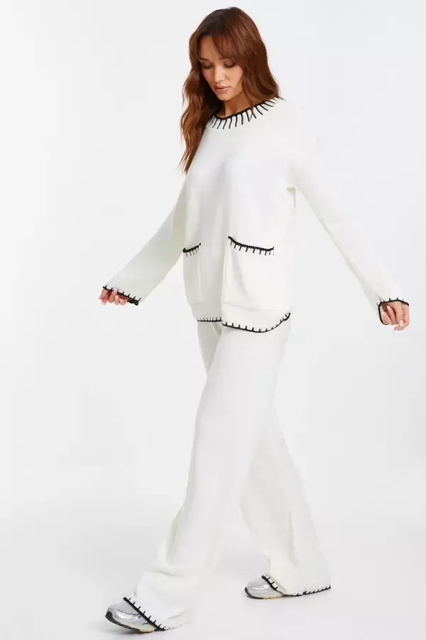 Women Cream Knit Contrast Stich Trousers Quiz Clothing Casual Clothing