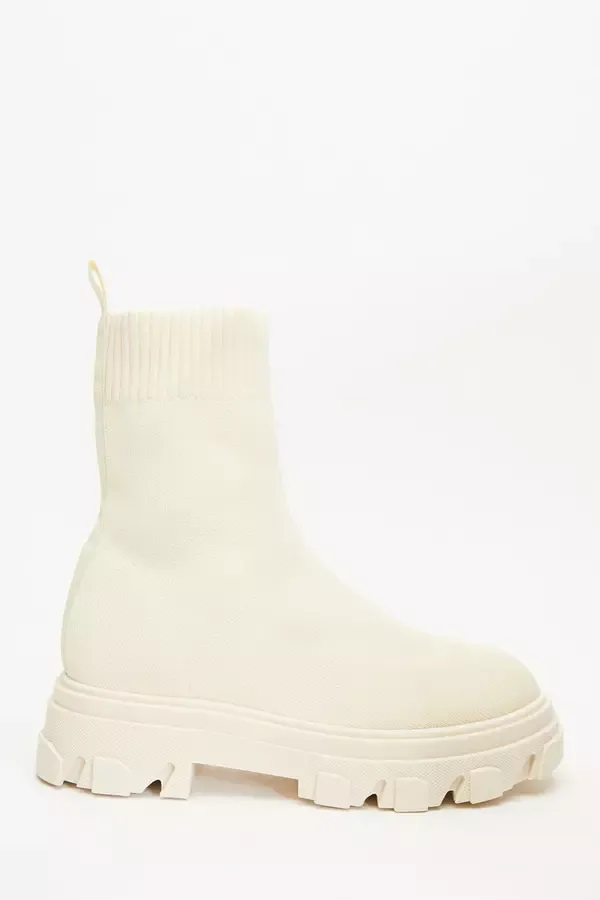 Women Cream Knitted Runner Boots Quiz Clothing Chunky Boots