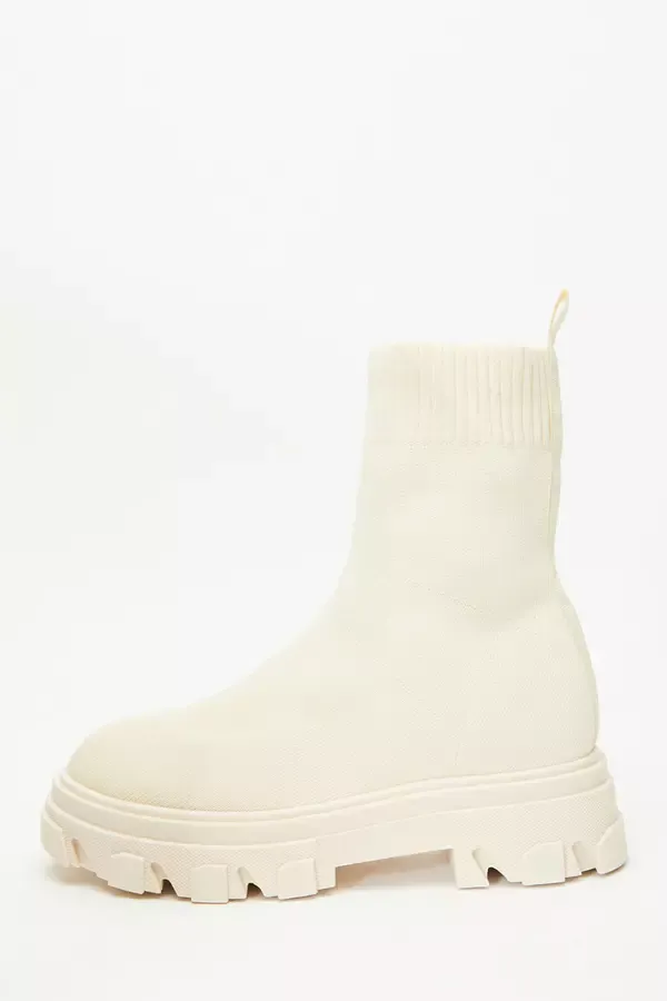 Women Cream Knitted Runner Boots Quiz Clothing Chunky Boots