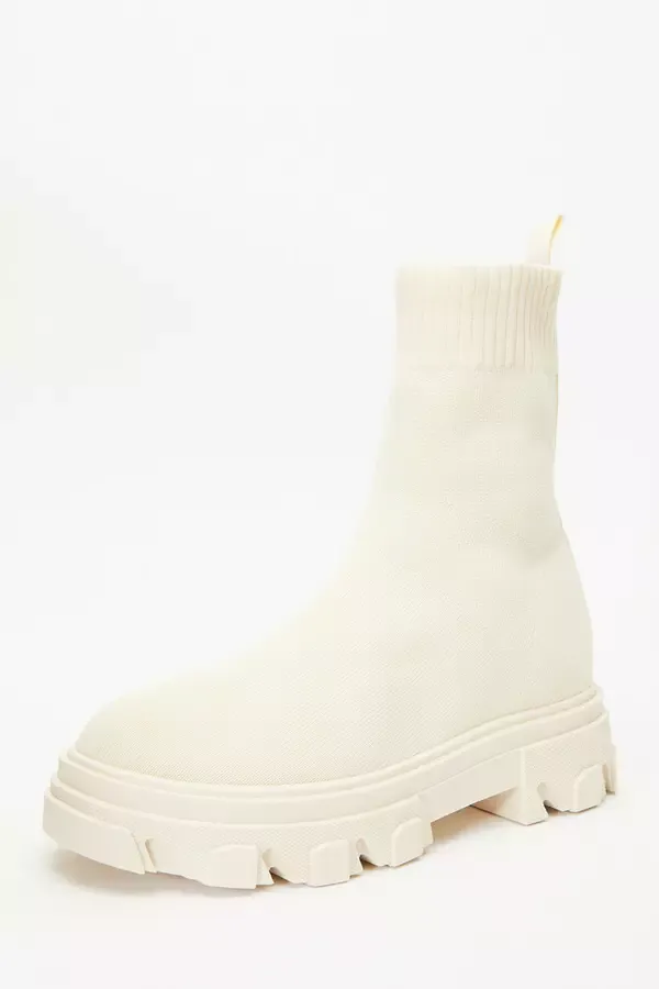 Women Cream Knitted Runner Boots Quiz Clothing Chunky Boots