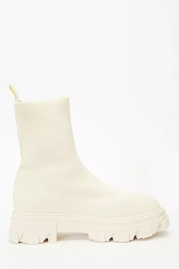 Women Cream Knitted Runner Boots Quiz Clothing Chunky Boots