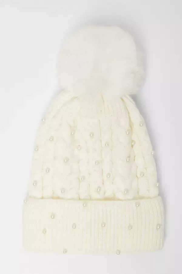 Women Cream Pearl Herringbone Knitted Hat Quiz Clothing Hats