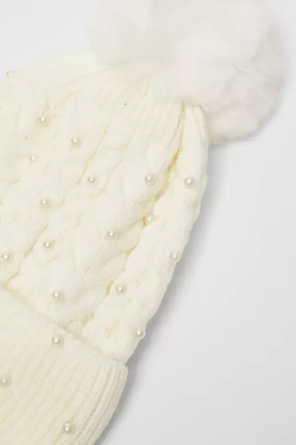 Women Cream Pearl Herringbone Knitted Hat Quiz Clothing Hats