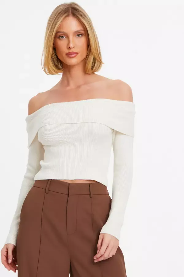 Women Cream Ribbed Bardot Jumper Quiz Clothing Jumpers