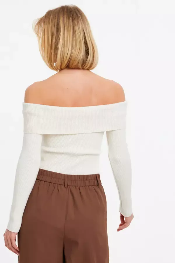 Women Cream Ribbed Bardot Jumper Quiz Clothing Jumpers