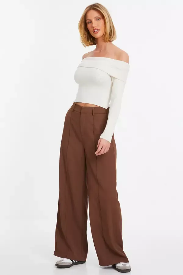 Women Cream Ribbed Bardot Jumper Quiz Clothing Jumpers