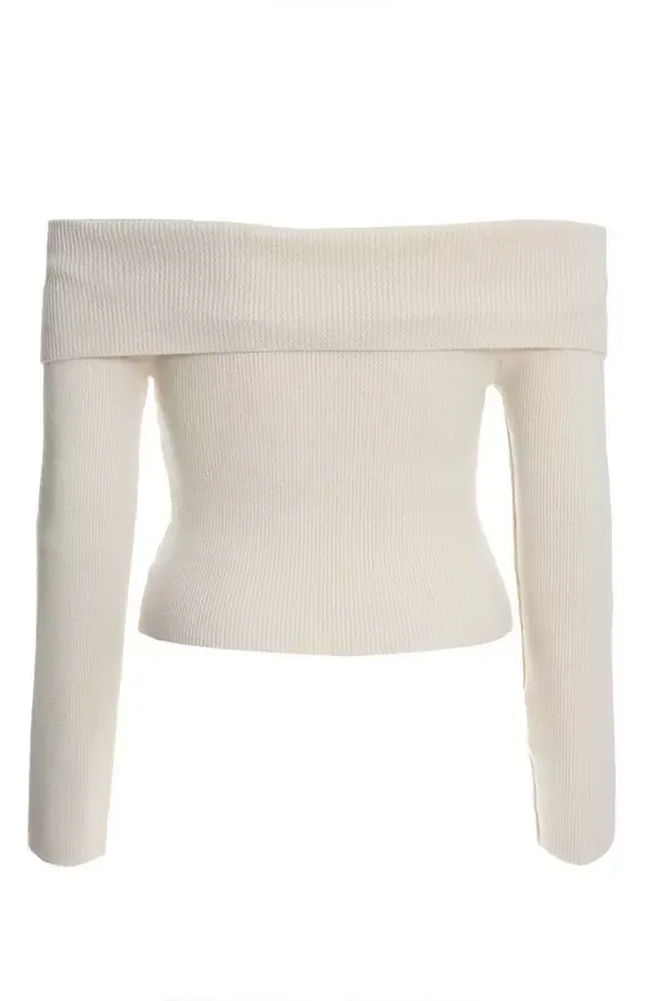 Women Cream Ribbed Bardot Jumper Quiz Clothing Jumpers
